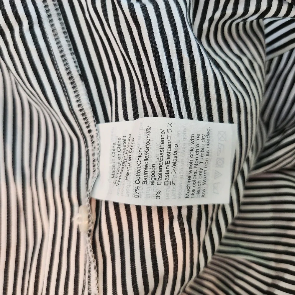 J. Crew Blouse Striped Ruffle Bottom Band Collar Navy White Preppy Size 8